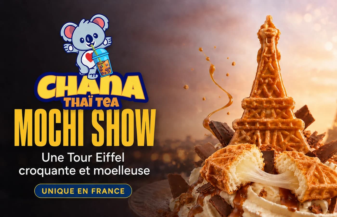 Les gaufres mochi tour Eiffel Chana Thai Tea alignées sur le stand